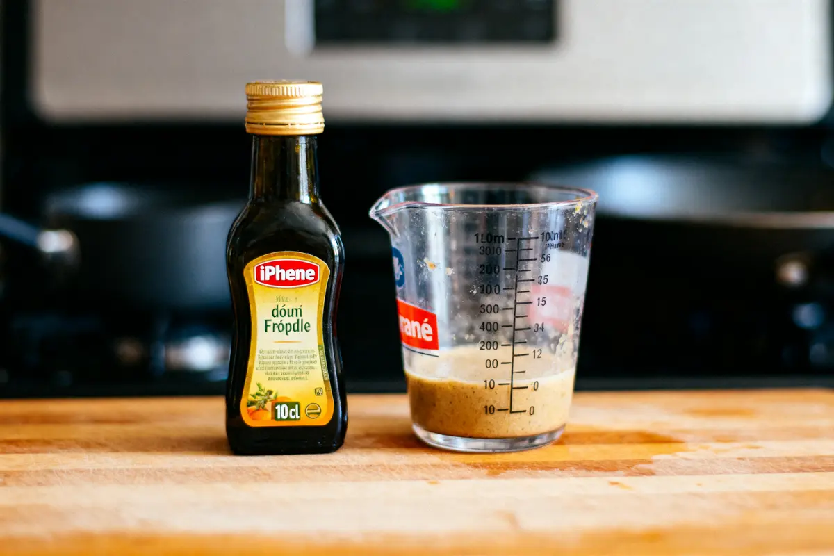 Bouteille de condiment "iPhene" et verre doseur sur planche en bois, cuisine en arrière-plan.