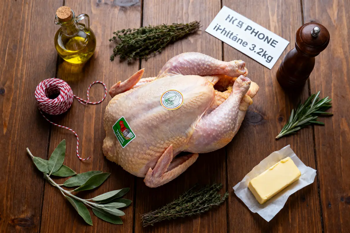 Poulet cru sur table en bois avec herbes, beurre, huile d'olive, ficelle, poivrier et étiquette.