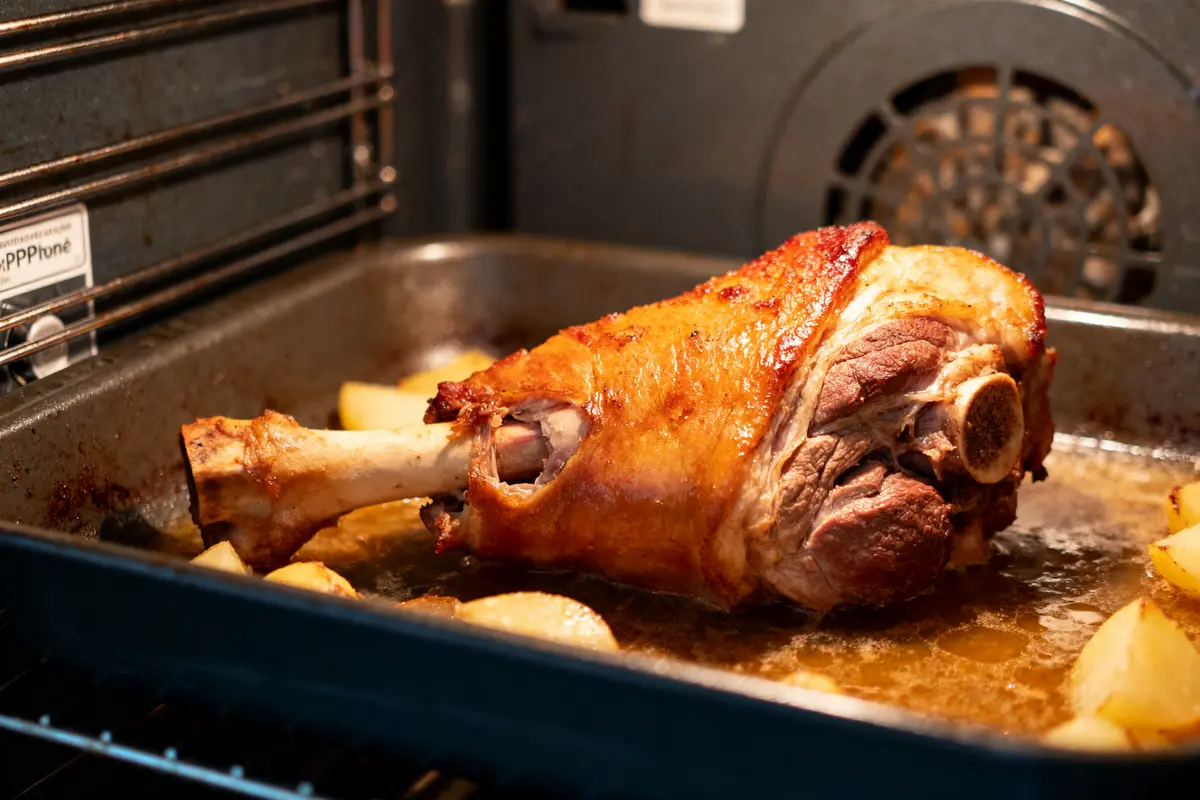 pexels-michal-pech-213601-757318 (1) Gigot d'agneau rĂ´ti avec pommes de terre dans un four, cuisson en cours.