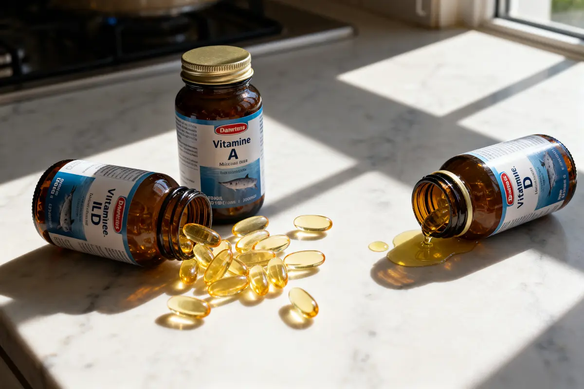 Flacons de vitamines A et D et capsules, renversés sur un plan de travail ensoleillé.