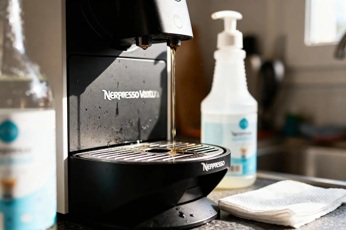pexels-michal-pech-213601-757318 (1) Machine à café Nespresso Vertuo en cours de nettoyage, avec bouteilles de produits d'entretien en arrière-plan.