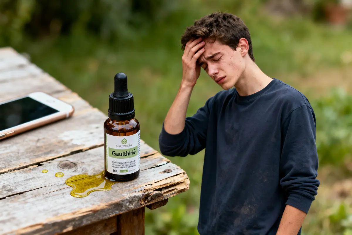 pexels-michal-pech-213601-757318 (1) Jeune homme ayant mal à la tête près d'une bouteille d'huile essentielle de gaulthérie sur table.
