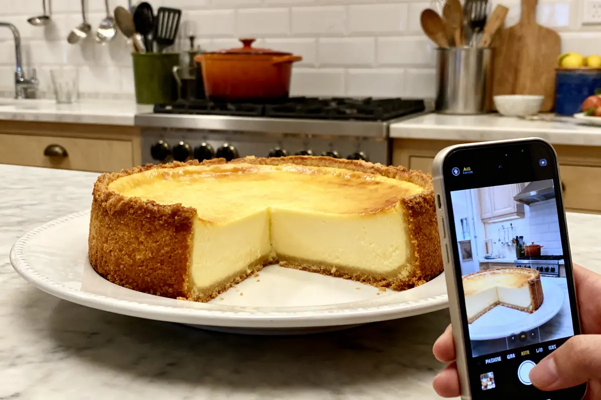 pexels-michal-pech-213601-757318 (1) Cheesecake sur assiette, part retirée, cuisine moderne, smartphone photographiant dessert avec fourchettes en arrière-plan.