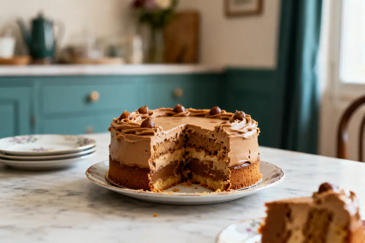 pexels-michal-pech-213601-757318 (1) Gâteau à la crème au chocolat sur table de cuisine, partiellement coupé, assiettes empilées à côté.