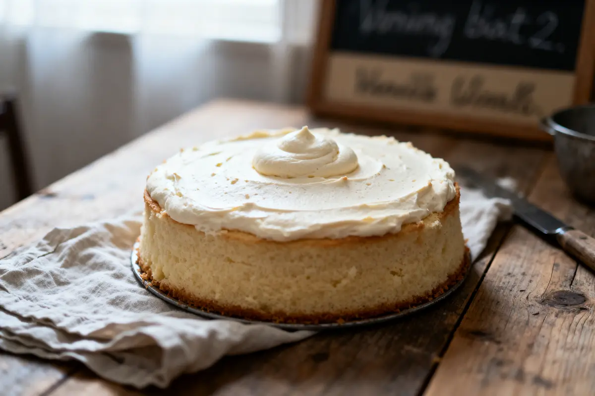 Gâteau à la vanille avec glaçage blanc sur table en bois, rideaux et ardoise en arrière-plan.