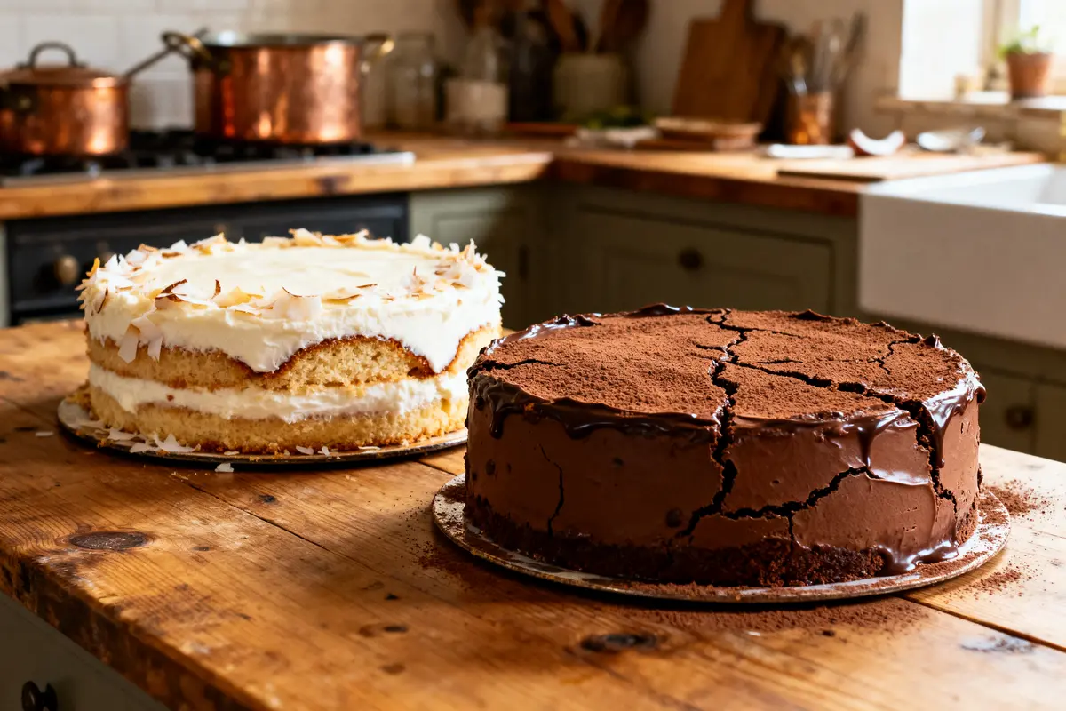 pexels-michal-pech-213601-757318 (1) Deux gâteaux sur table en bois, l'un chocolat, l'autre vanille avec noix de coco. Cuisine rustique en arrière-plan.