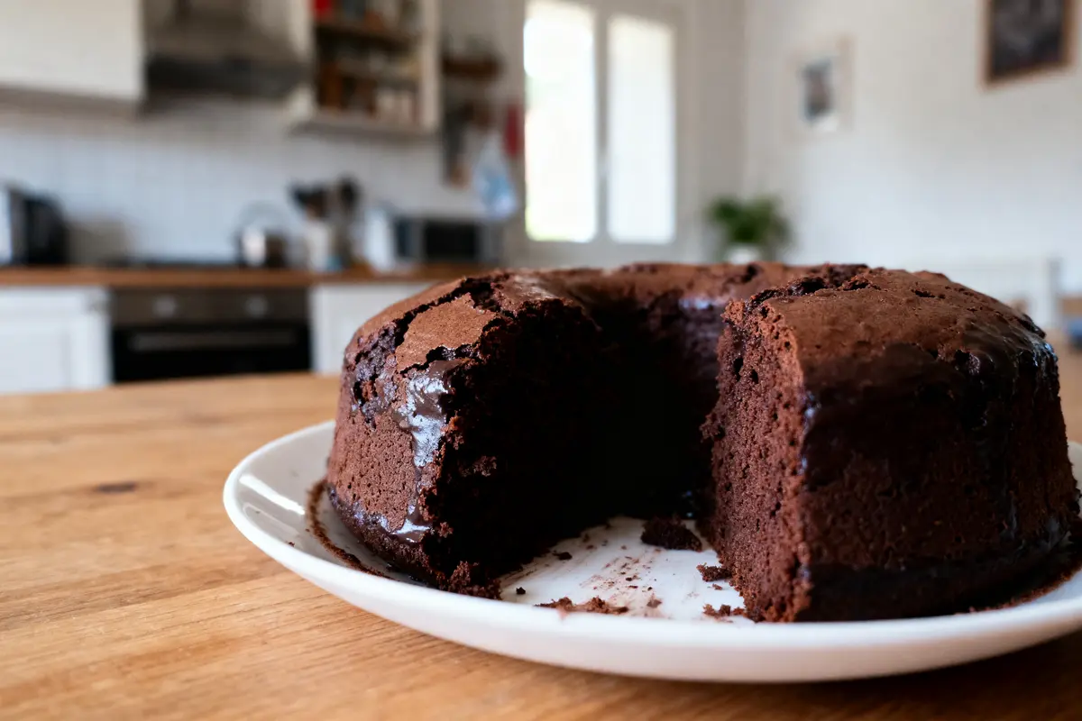pexels-michal-pech-213601-757318 (1) Gâteau au chocolat avec une part manquante, posé sur une assiette blanche, dans une cuisine moderne.