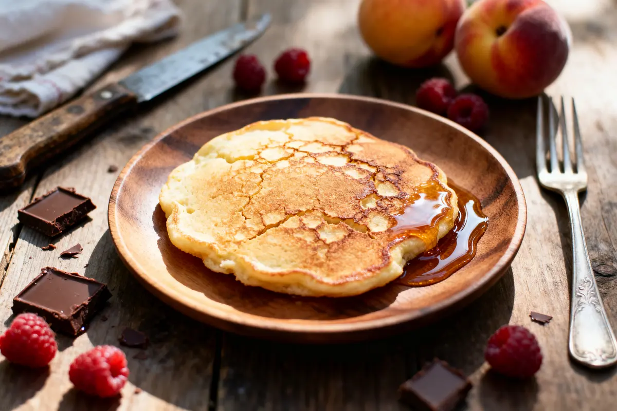 Pancake au sirop sur assiette en bois, framboises, chocolat, pêches, couteau et fourchette sur table en bois.