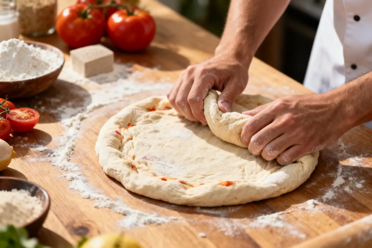 pexels-michal-pech-213601-757318 (1) Mains façonnant pâte à pizza sur planche en bois, entourées de farine, tomates et ingrédients.