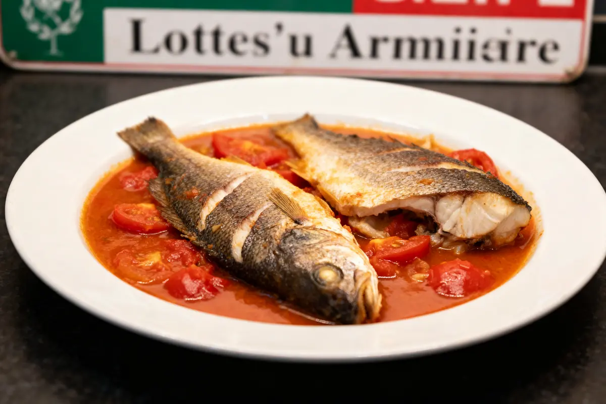 pexels-michal-pech-213601-757318 (1) Plat de poisson entier sur sauce tomate dans une assiette blanche, avec pancarte en arrière-plan.