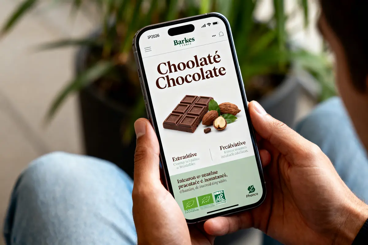 Personne tenant un smartphone affichant une publicité pour du chocolat.