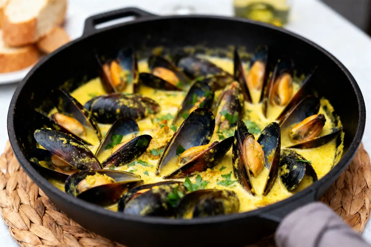 Moules au curry crémeux dans poêle noire, servies avec du pain en arrière-plan.