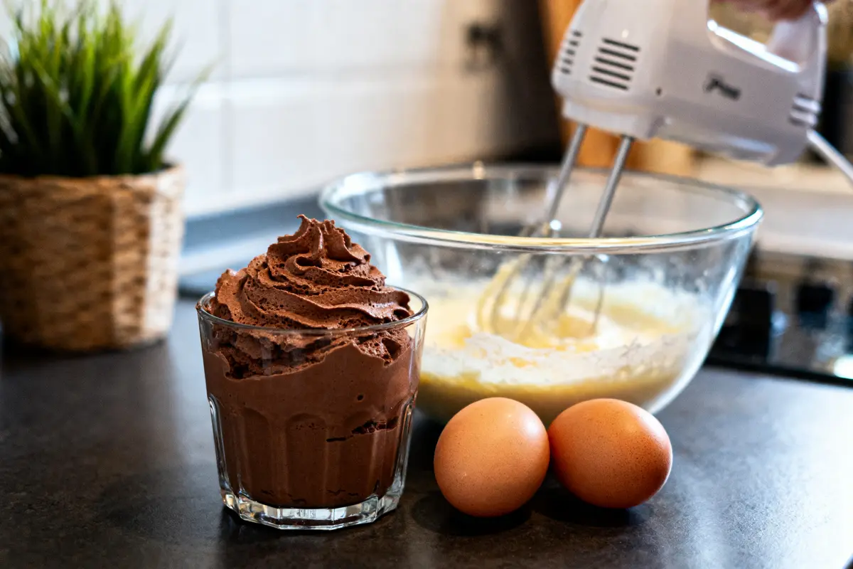 Verre de mousse au chocolat, œufs, batteur électrique et saladier sur un plan de travail de cuisine.