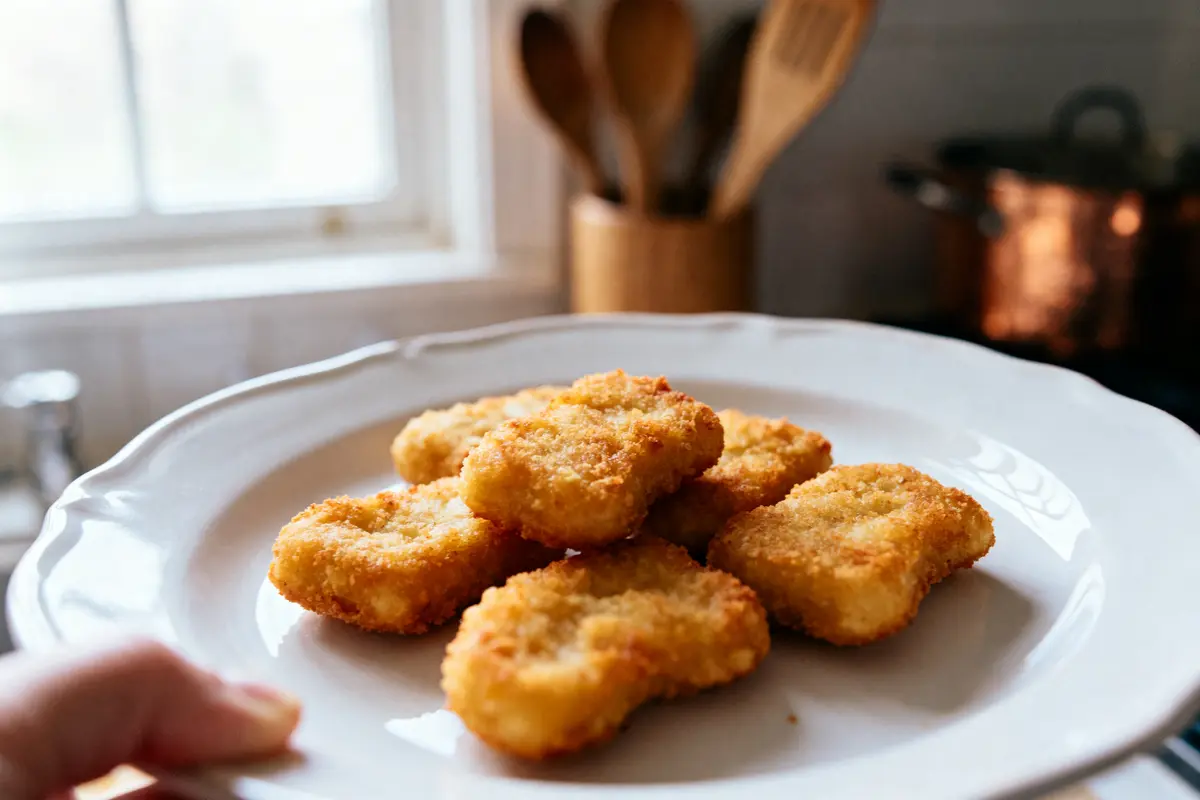 Assiette de nuggets dorés, servie dans une cuisine lumineuse, ustensiles en bois en arrière-plan.