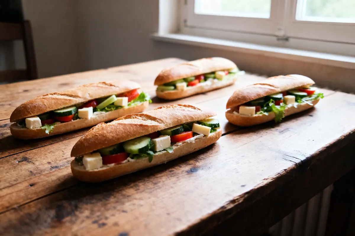 pexels-michal-pech-213601-757318 (1) Quatre sandwiches baguette avec légumes et fromage sur une table en bois près d'une fenêtre.