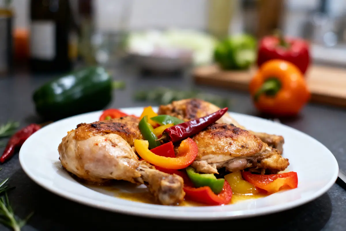 Plat de poulet rôti avec poivrons rouges, jaunes, verts et piment. Arrière-plan flou de légumes.