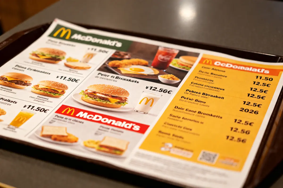Menu McDonald's sur un plateau, affichant divers repas et prix en euros, photographié en gros plan.