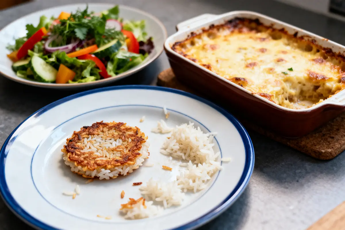 Assiette avec galette de riz, salade colorée, gratin de légumes au fromage dans un plat en céramique.