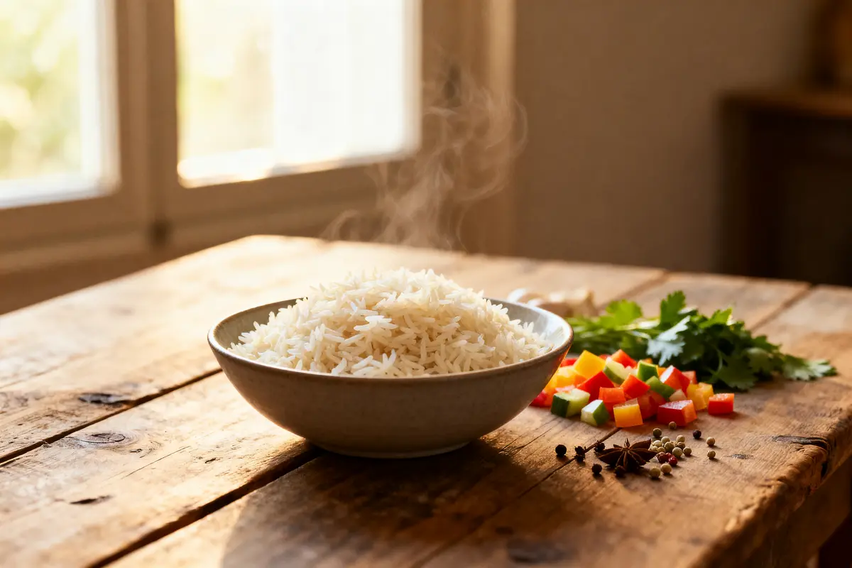 Bol de riz fumant sur table en bois, légumes et herbes fraîches à côté.