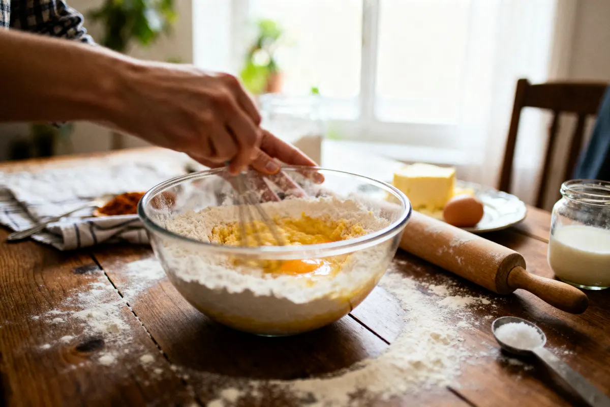 Main mélange des ingrédients pâtisserie dans bol, table bois, rouleau, beurre, œuf, lait.