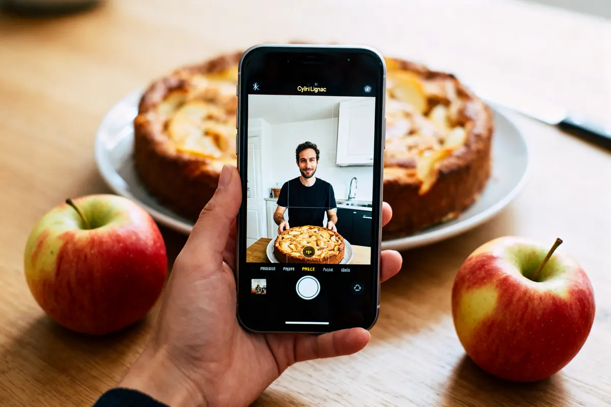 pexels-michal-pech-213601-757318 (1) Smartphone photographiant un homme avec gâteau aux pommes, entouré de pommes rouges sur une table en bois.
