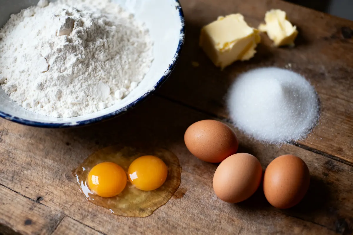 Ingrédients de pâtisserie sur table : farine, œufs, beurre, sucre.