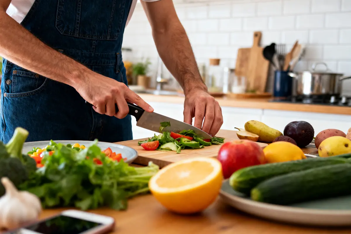 pexels-michal-pech-213601-757318 (1) Personne coupant des légumes sur une planche, entourée de fruits et légumes divers dans une cuisine moderne.
