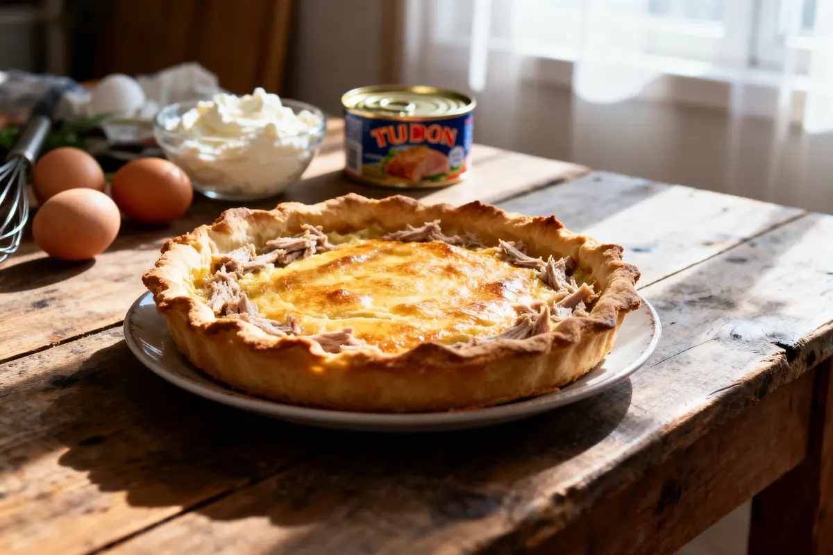 Quiche au thon sur table en bois, avec œufs, crème et boîte de conserve en arrière-plan.