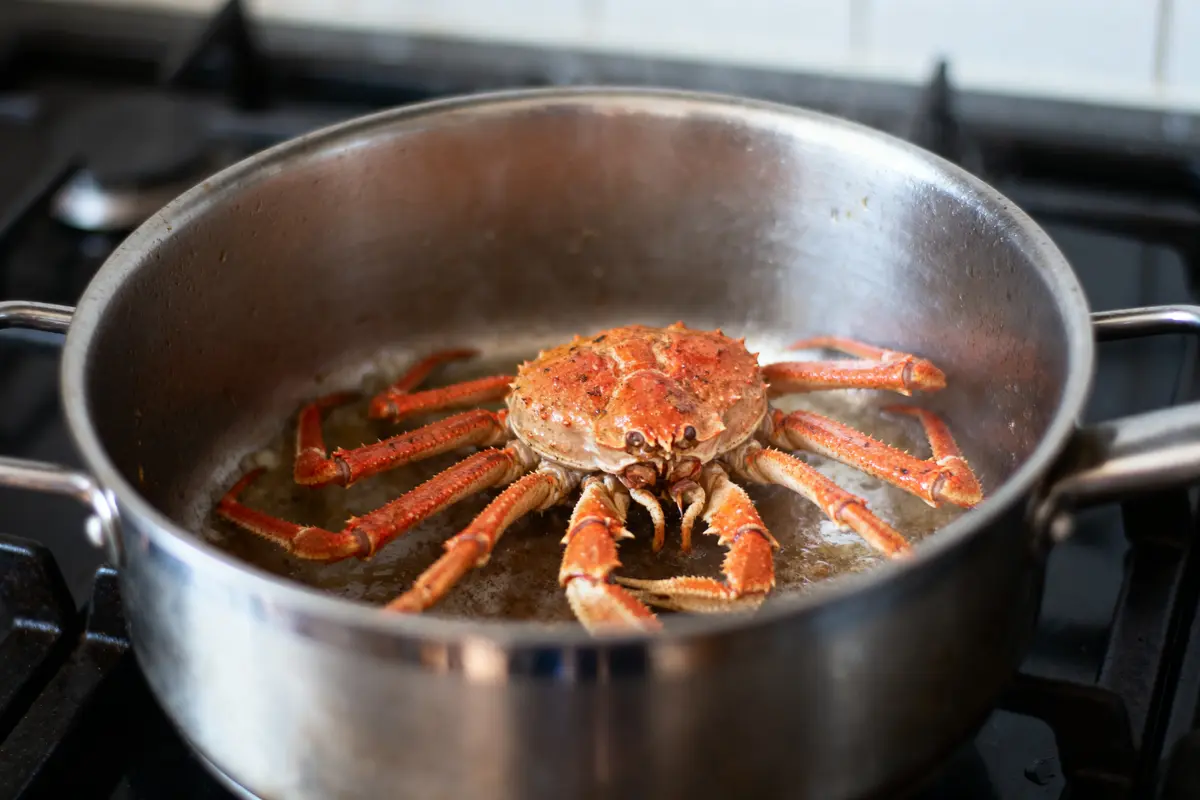 pexels-michal-pech-213601-757318 (1) Crabe rouge dans une casserole en acier inoxydable, cuisson sur plaque de cuisson.