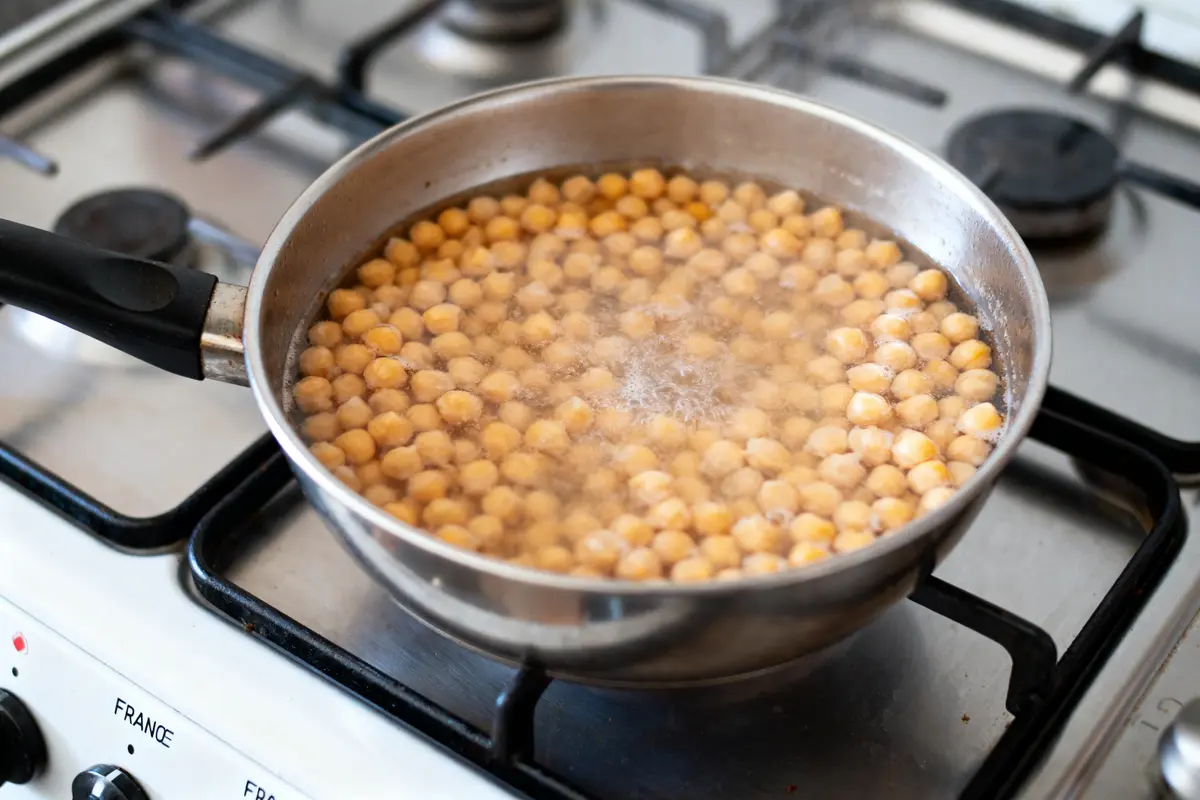 Pois chiches bouillant dans une casserole sur une cuisinière à gaz en acier inoxydable.