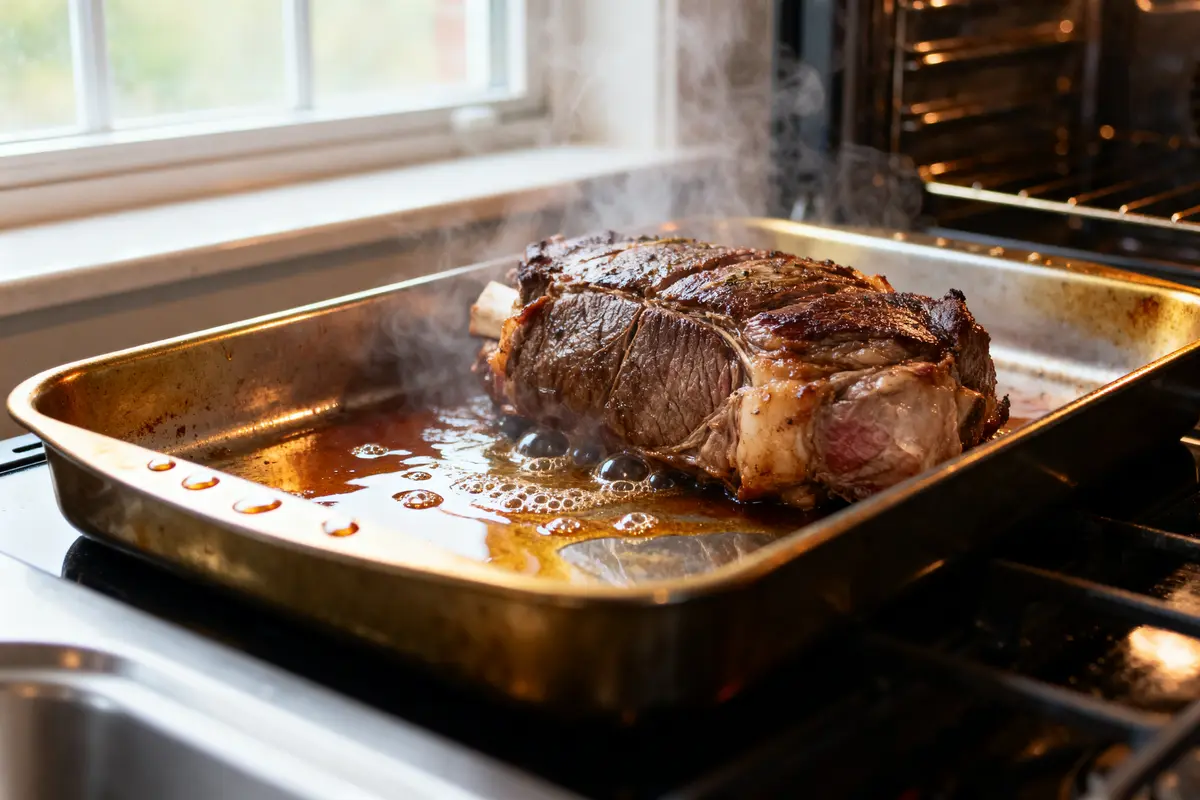 pexels-michal-pech-213601-757318 (1) Rôti de viande juteux dans un plat de cuisson doré, dégageant de la vapeur, près d'une fenêtre.