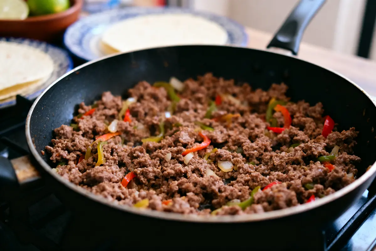 Poêlée de viande hachée avec poivrons colorés, prête à être servie. Tortillas et citrons en arrière-plan.