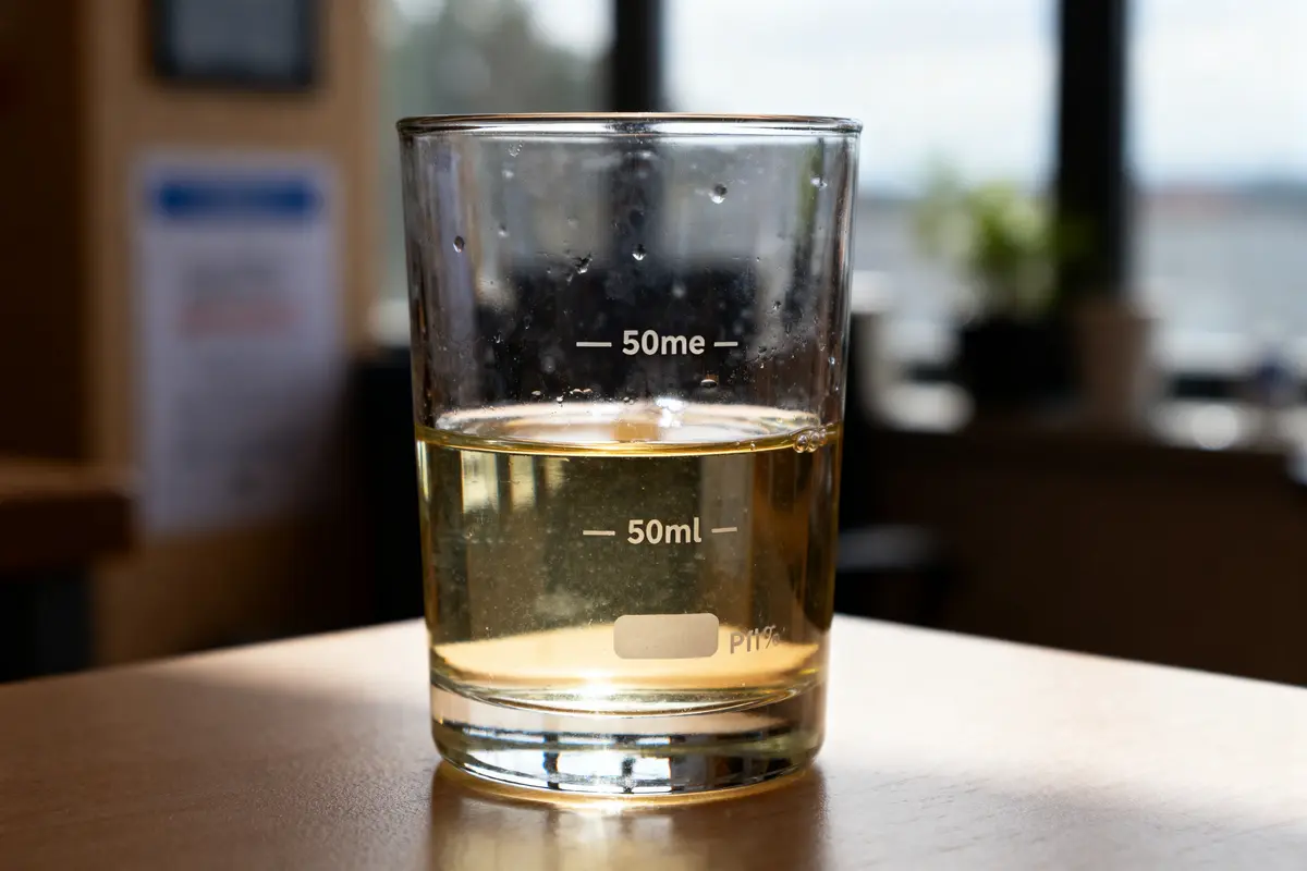 Verre gradué avec liquide, niveau indiqué à 50 ml en cl, posé sur une table