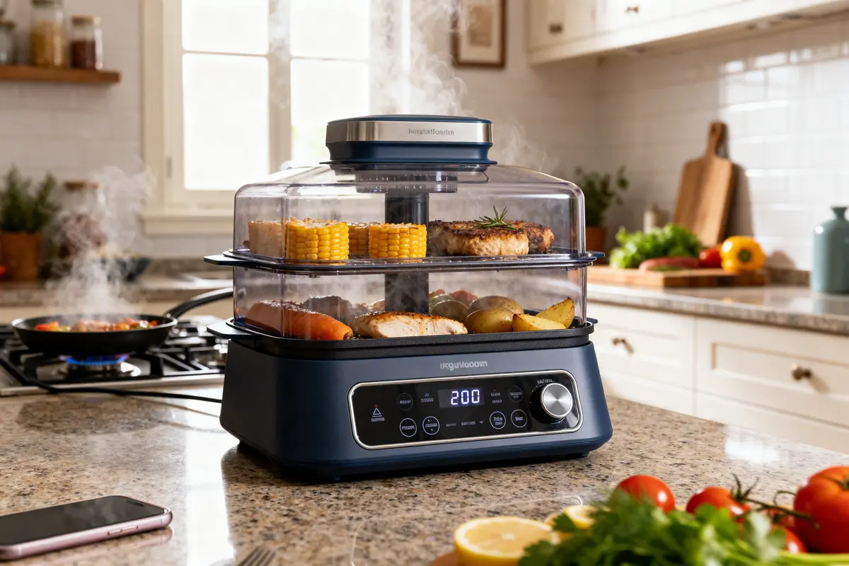 Cuiseur vapeur Varoma sur plan de travail avec légumes et viande cuisinés à la vapeur