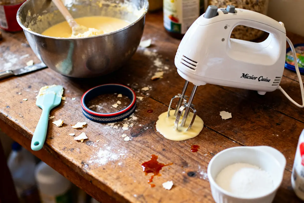 Table de cuisine en désordre avec mixeur et accessoires Monsieur Cuisine pour pâtisserie