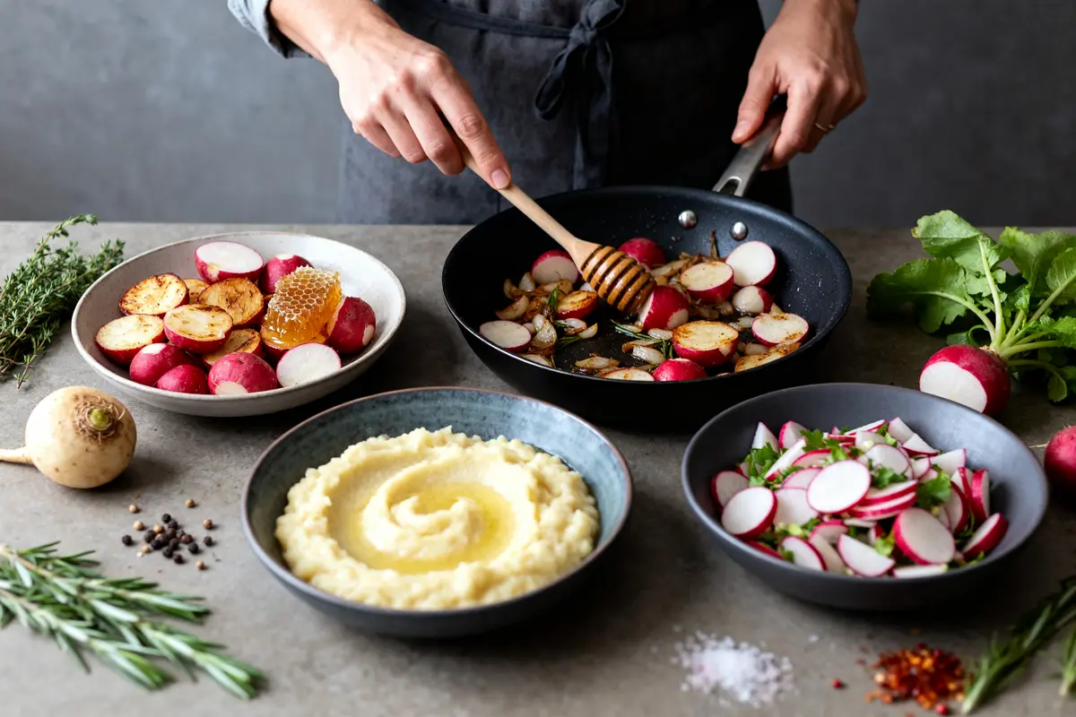 Personne préparant des navets avec miel et herbes, quatre plats sur table pour cuisiner le navet