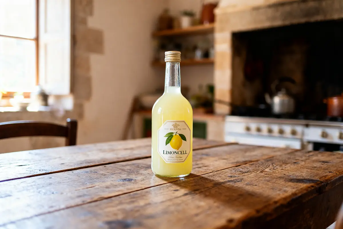 Bouteille de limoncello sur table rustique en cuisine, vérifiez le degré du limoncello.
