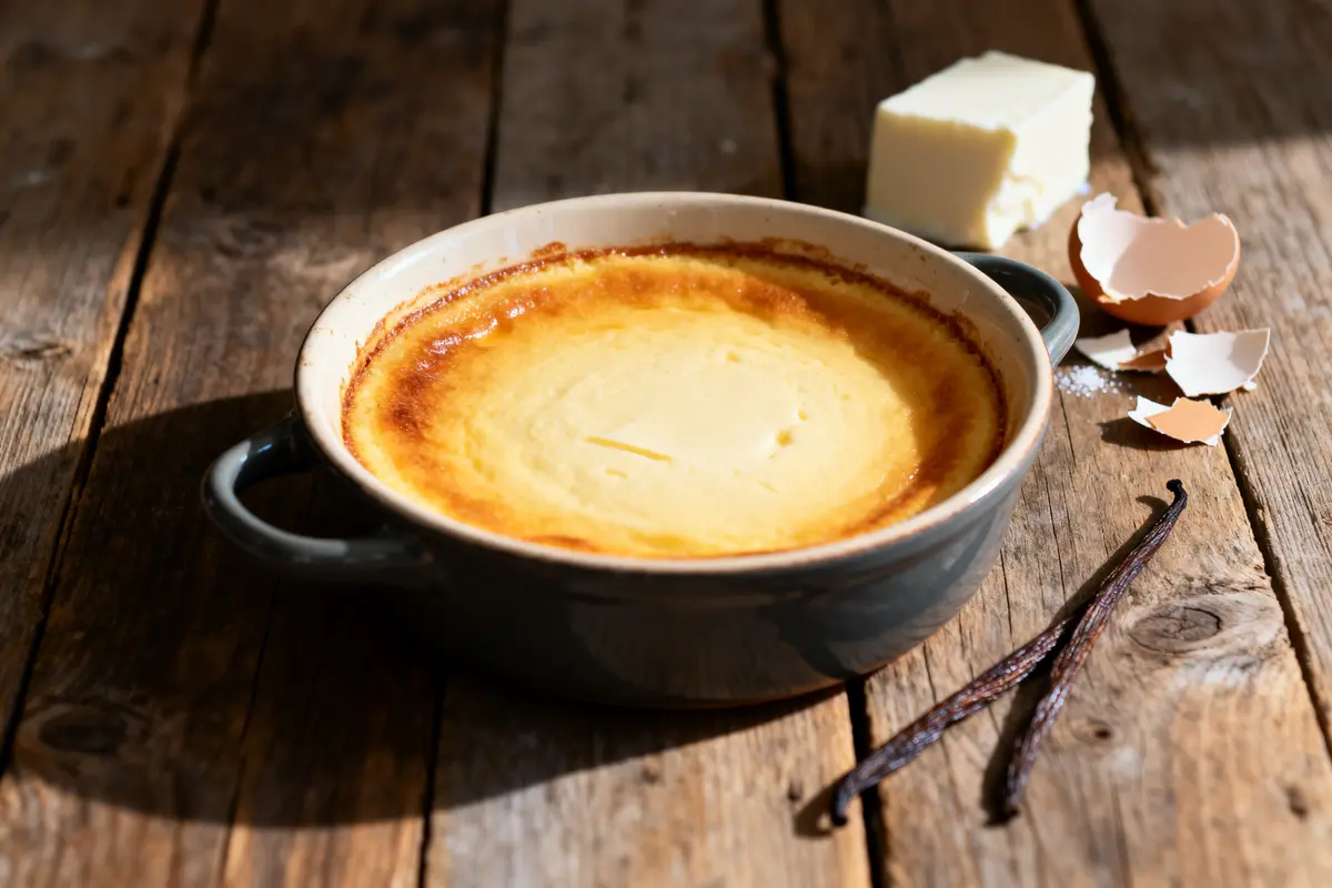 Flan pâtissier crémeux dans un plat, avec vanille, œufs et beurre sur table boisée