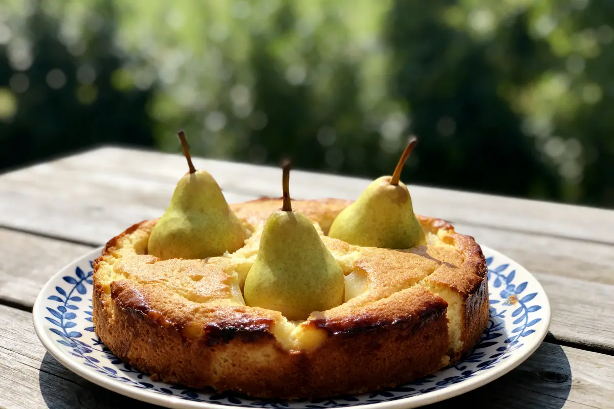 pexels-michal-pech-213601-757318 (1) Gâteau aux poires grand-mère avec fruits entiers sur assiette décorative en extérieur ensoleillé