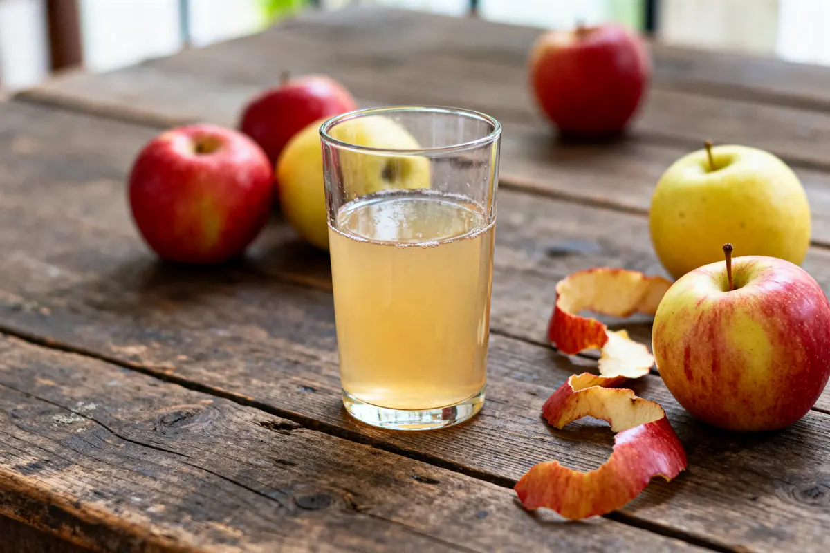Verre de jus de pomme constipation sur table avec pommes et pelures