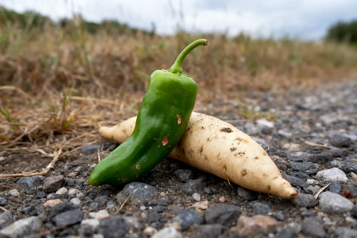 pexels-michal-pech-213601-757318 (1) Poivron vert et jicama sur chemin rocailleux, légume en J en extérieur rural