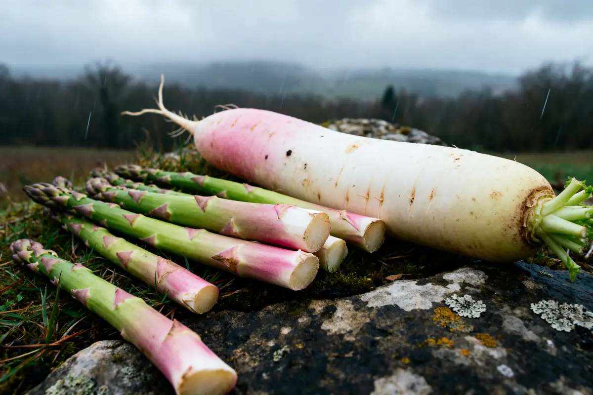 pexels-michal-pech-213601-757318 (1) Asperges et daikon sauvages sur rocher sous la pluie légumes par D
