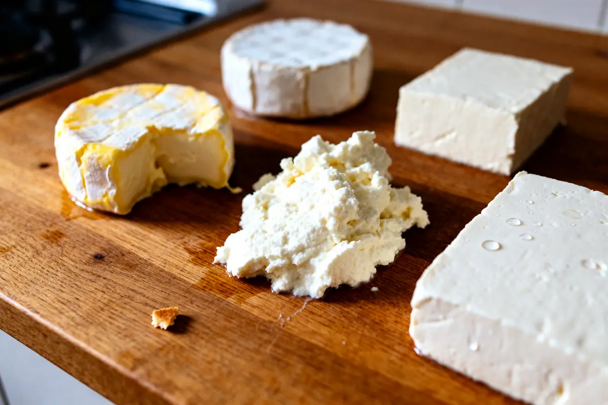Différents fromages sur une planche suggérant par quoi remplacer la ricotta en cuisine