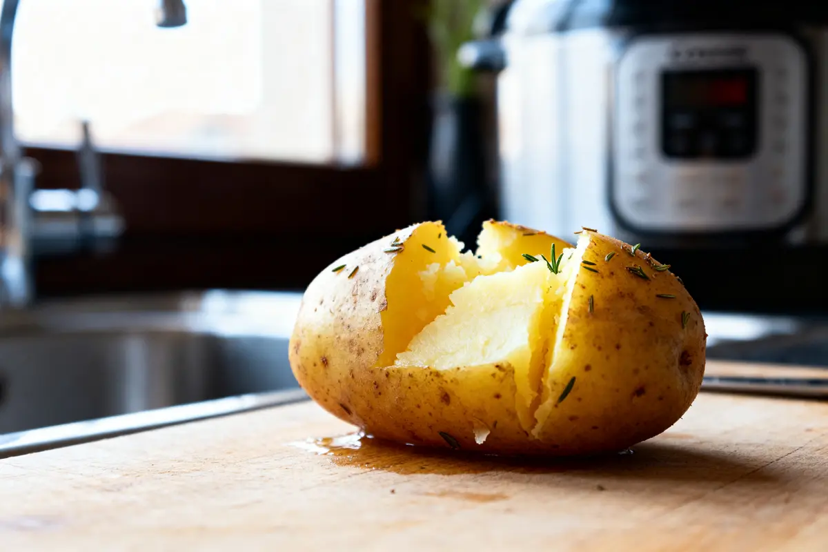 Pommes de terre grenailles au Cookeo avec herbes sur planche en cuisine lumineuse