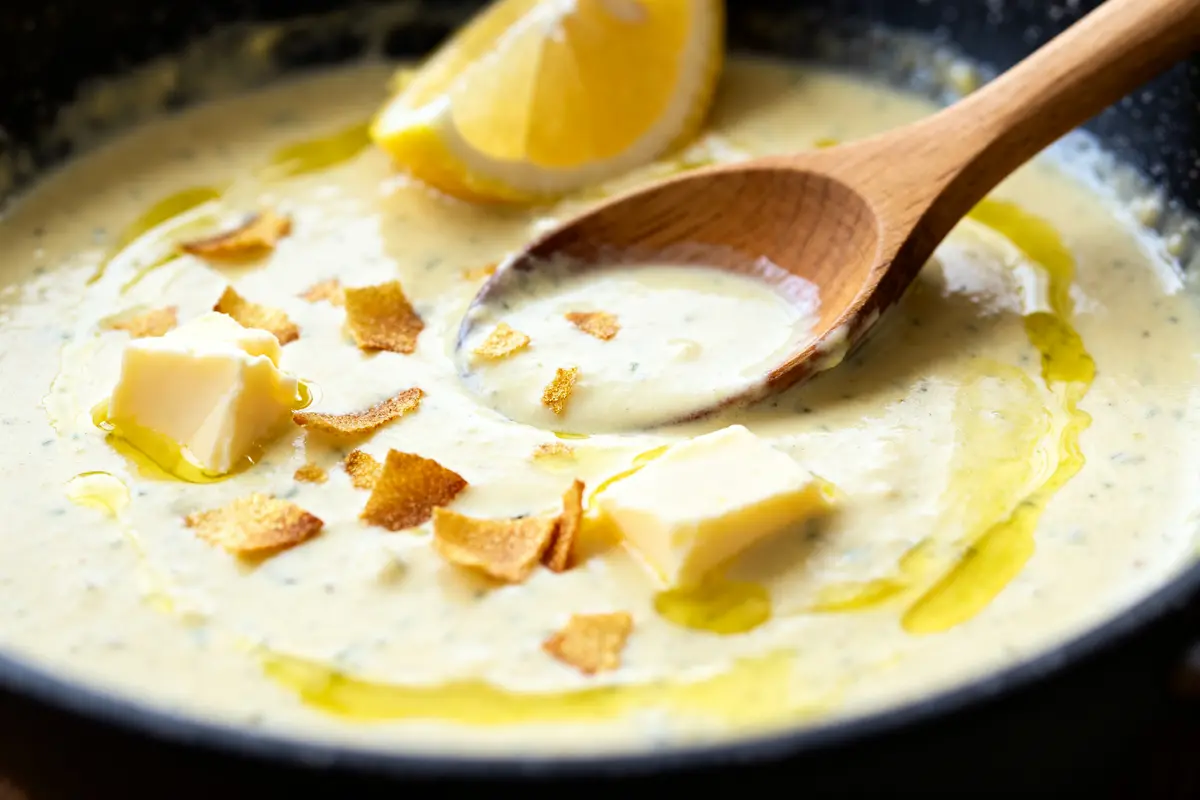 pexels-michal-pech-213601-757318 (1) Cuillère dans sauce pour poisson crémeuse avec beurre, citron et éclats dorés
