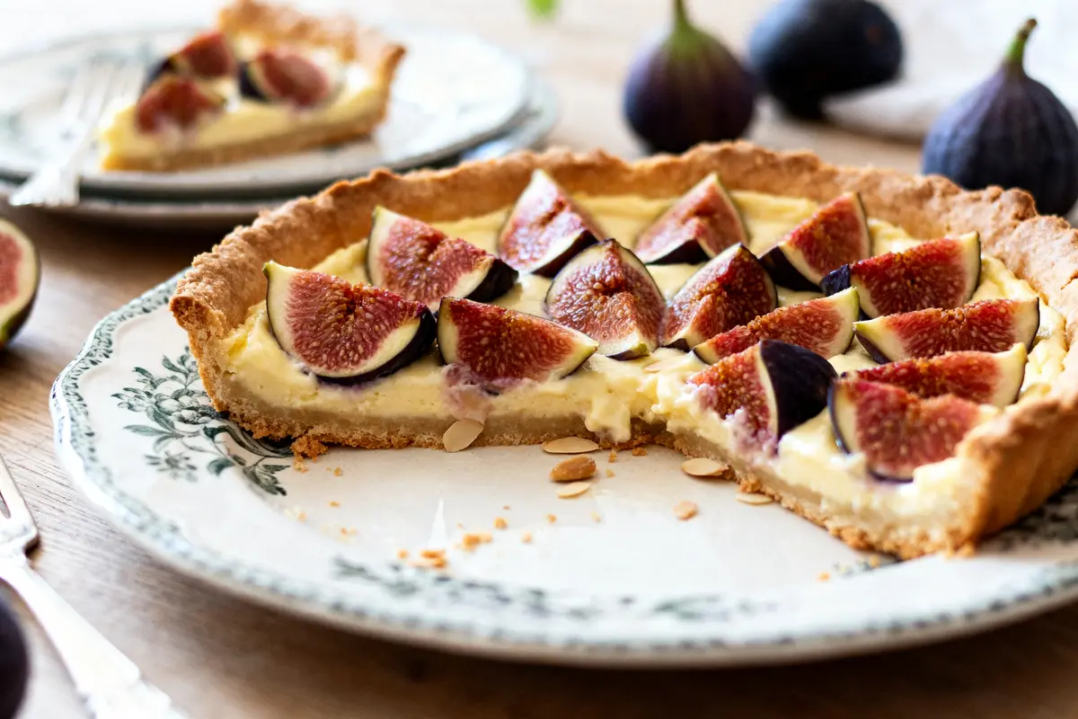 pexels-michal-pech-213601-757318 (1) Tarte aux figues de ma grand-mère fraîchement préparée sur assiette décorative avec amandes effilées