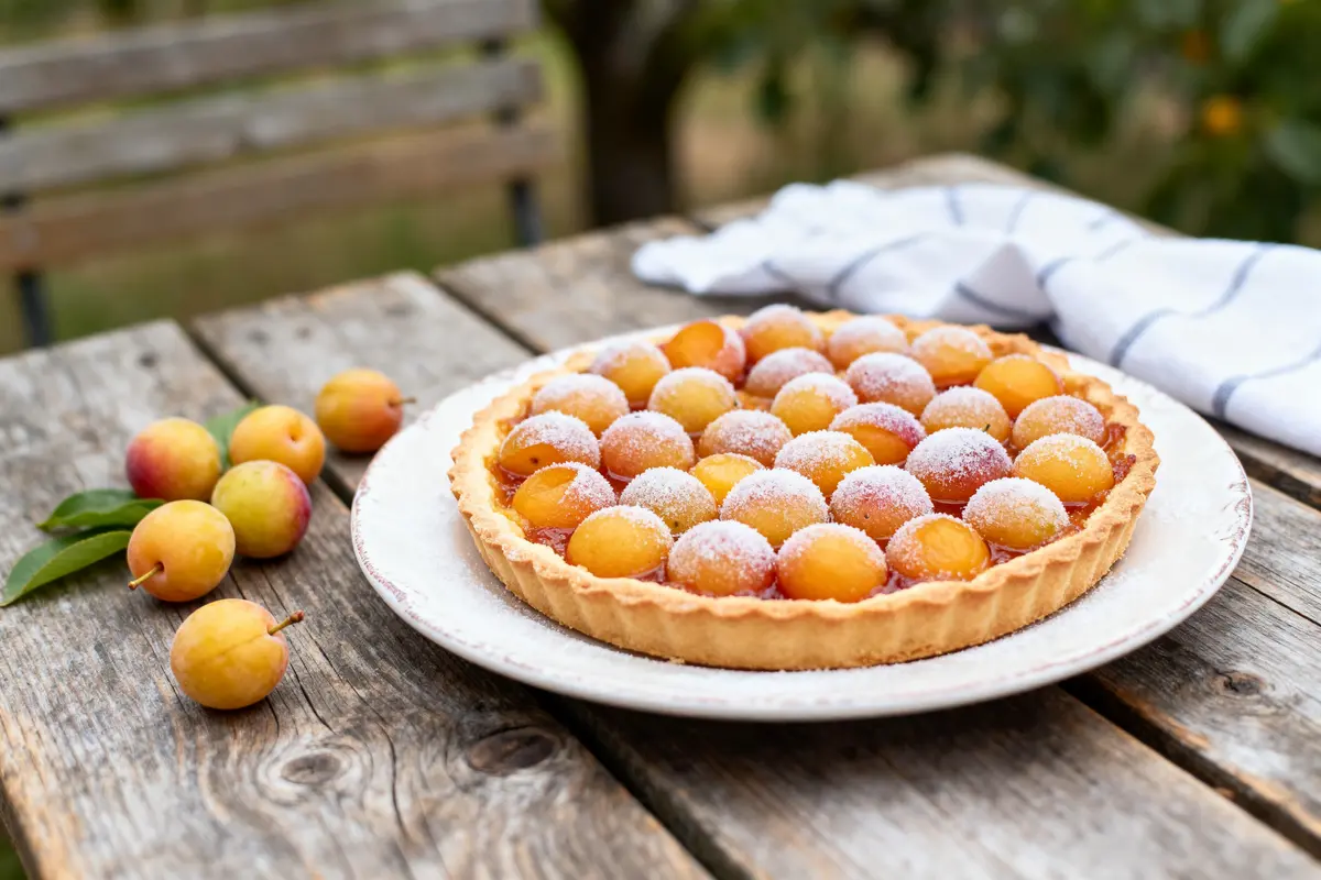 pexels-michal-pech-213601-757318 (1) Tarte aux mirabelles congelées saupoudrée de sucre sur une table en bois rustique