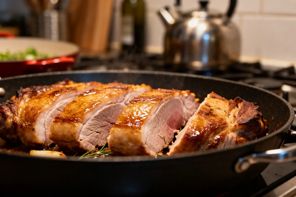 Tranches de porc doré dans poêle, illustrant le temps de cuisson de travers de porc au four