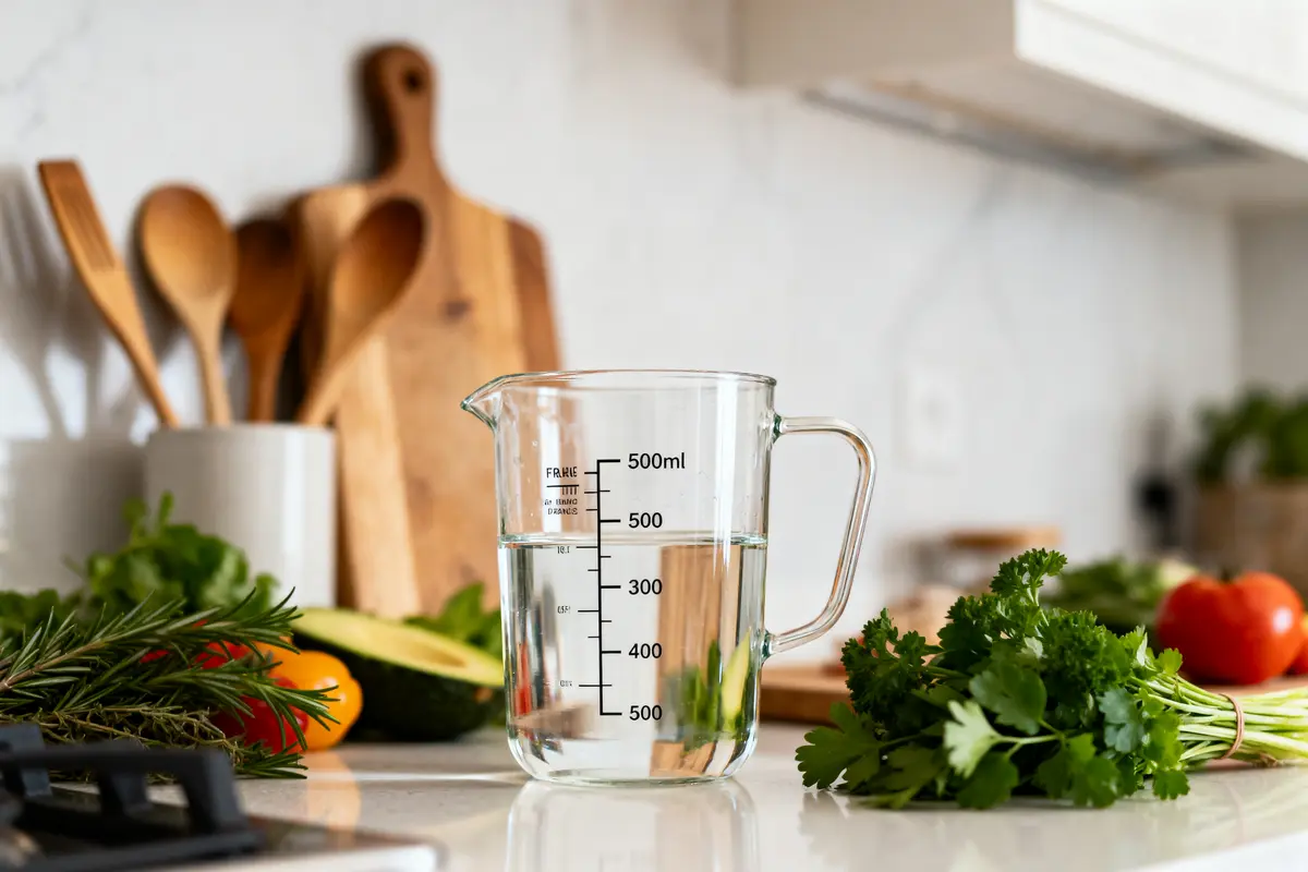 Verre doseur rempli d'eau sur un plan de travail avec légumes, planches et ustensiles de cuisine en arrière-plan.