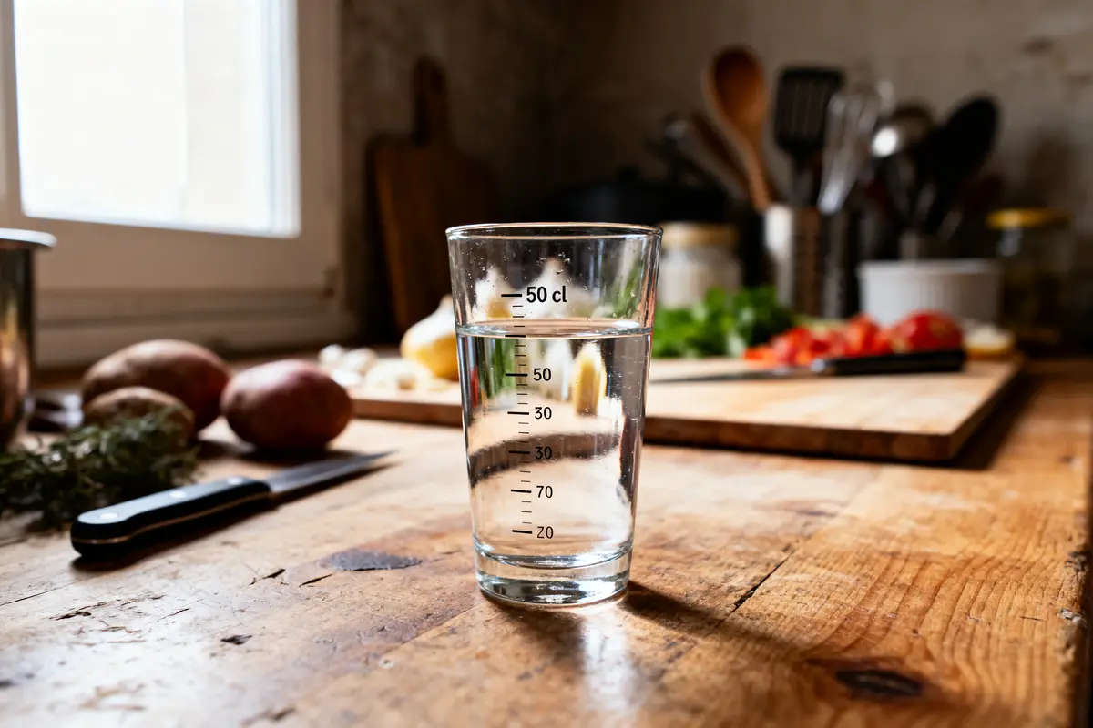 Verre d'eau gradué sur une table en bois, cuisine avec légumes et ustensiles en arrière-plan.